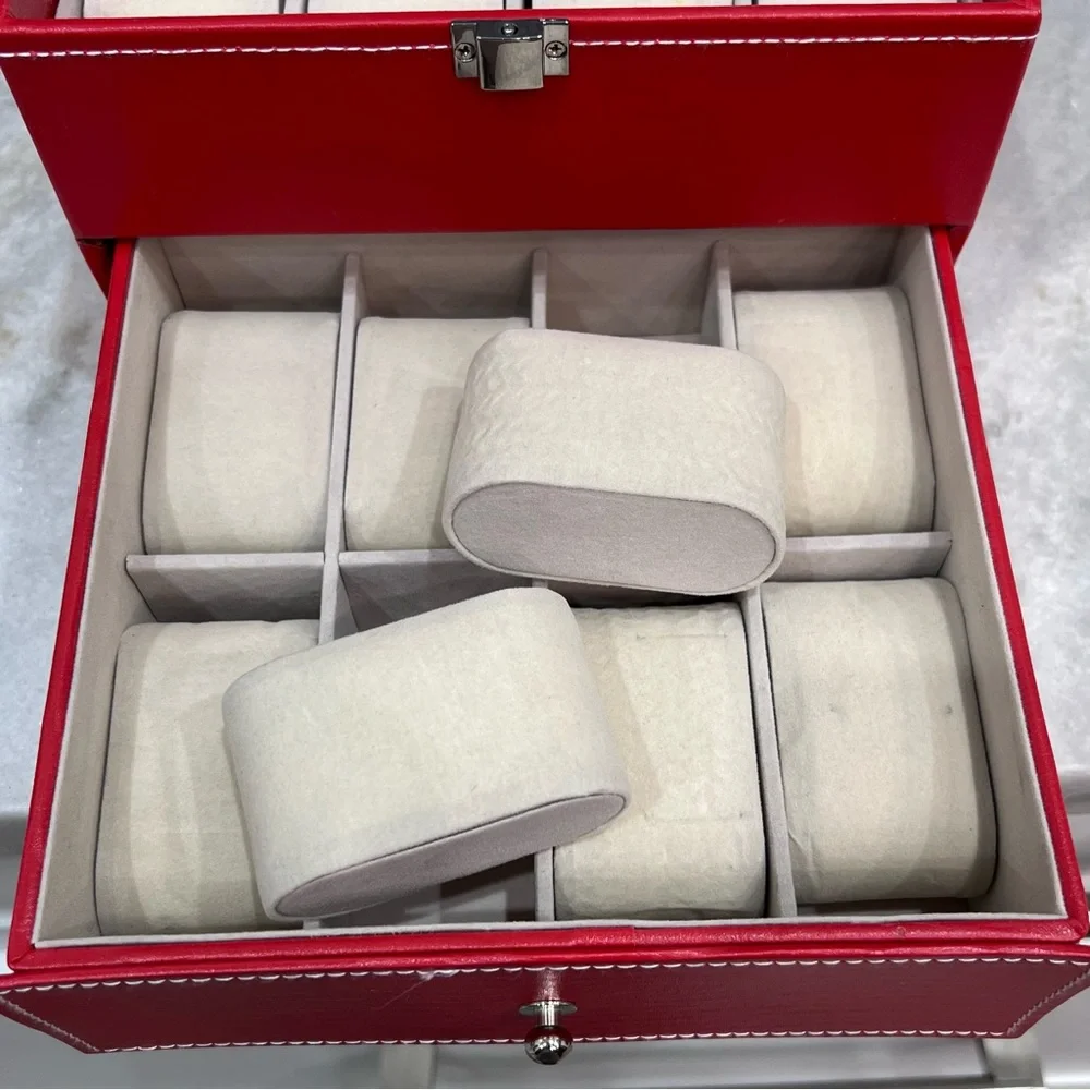 2 TIER Coral Red Faux Leather Watch Box